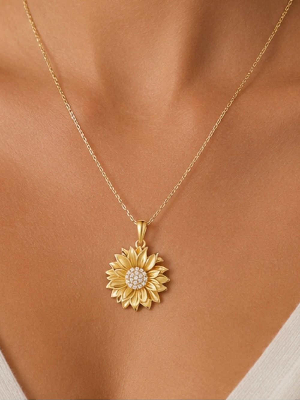 Gold Plated Sunflower Pendant Necklace | Crystal Center | Dainty Chain